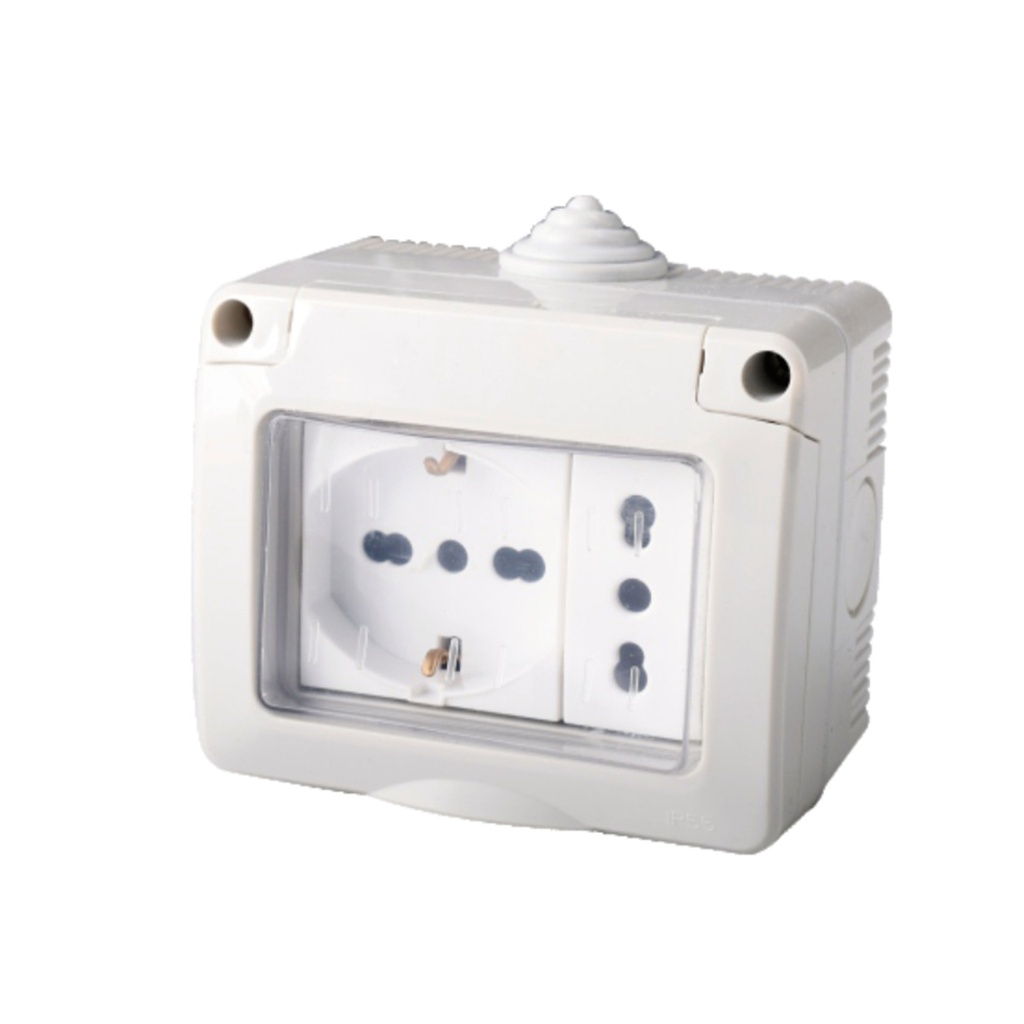 [AP83606] Kit Contenitore Cassetta Elettrica Esterna 1 Presa Schuko Universale +1 Presa Bipasso Con Coperchio Stagno IP55, Montaggio Da Parete Esterno,Omologato IMQ