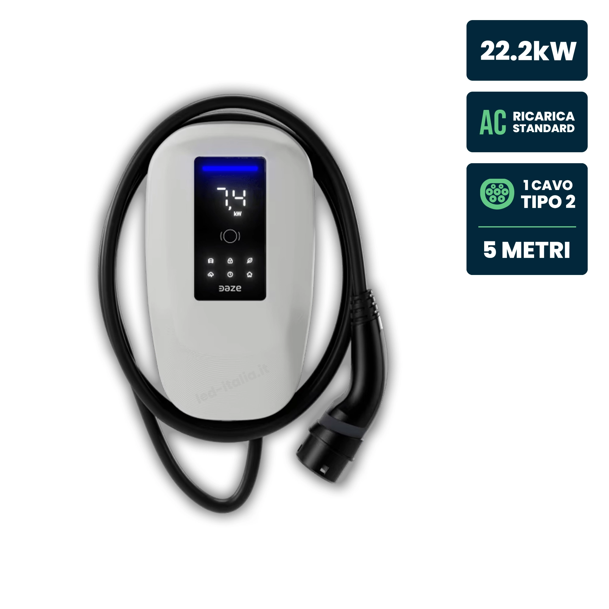 Daze Stazione di Ricarica Dazebox Home T 22.2kW Trifase 32A, IP55 IK10, WiFi e Bluetooth, Wall Box Bianco con Schermo, 3 Tessere RFID Incluse, Cavo Tipo 2 Lunghezza 5m  DBT22