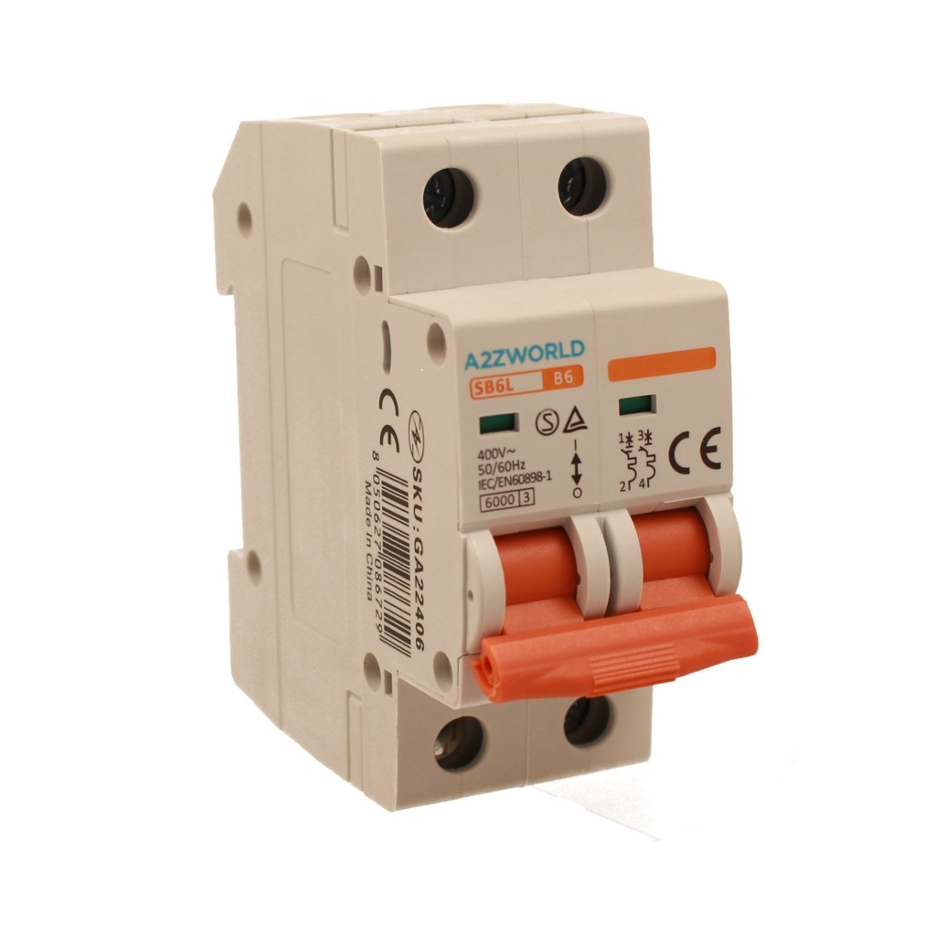 A2ZWORLD MCB Interruttore Magnetotermico Automatico Curva B 2P 2M 6000A B6A AC 400V IP20 IEC60898-1 SB6L