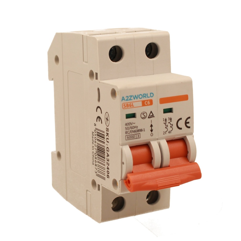 A2ZWORLD MCB Interruttore Magnetotermico Automatico Curva C 2P 2M 6000A C6A AC 400V IP20 IEC60898-1 SB6L