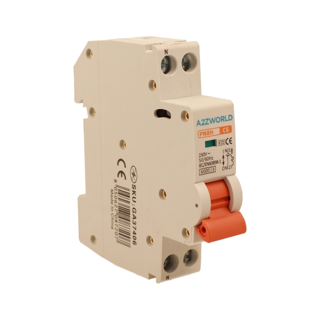 A2ZWORLD MCB Interruttore Magnetotermico Automatico Curva C 1P+N 1M 6000A C6A AC 230V IP20 IEC60898-1 PN8H