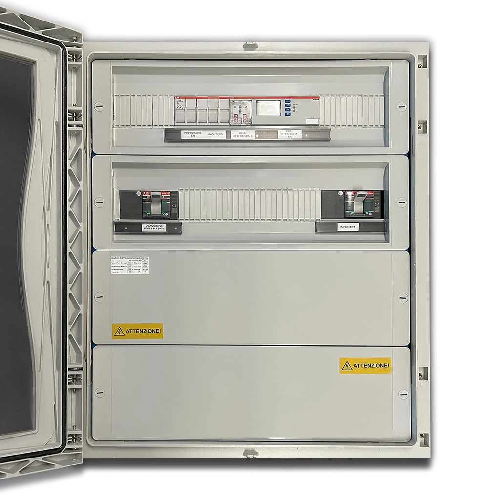 Quadro Elettrico Fotovoltaico AC Trifase 50kW 100A 400V IP66, 96 x Moduli, Differenziale Tarabile QACT50
