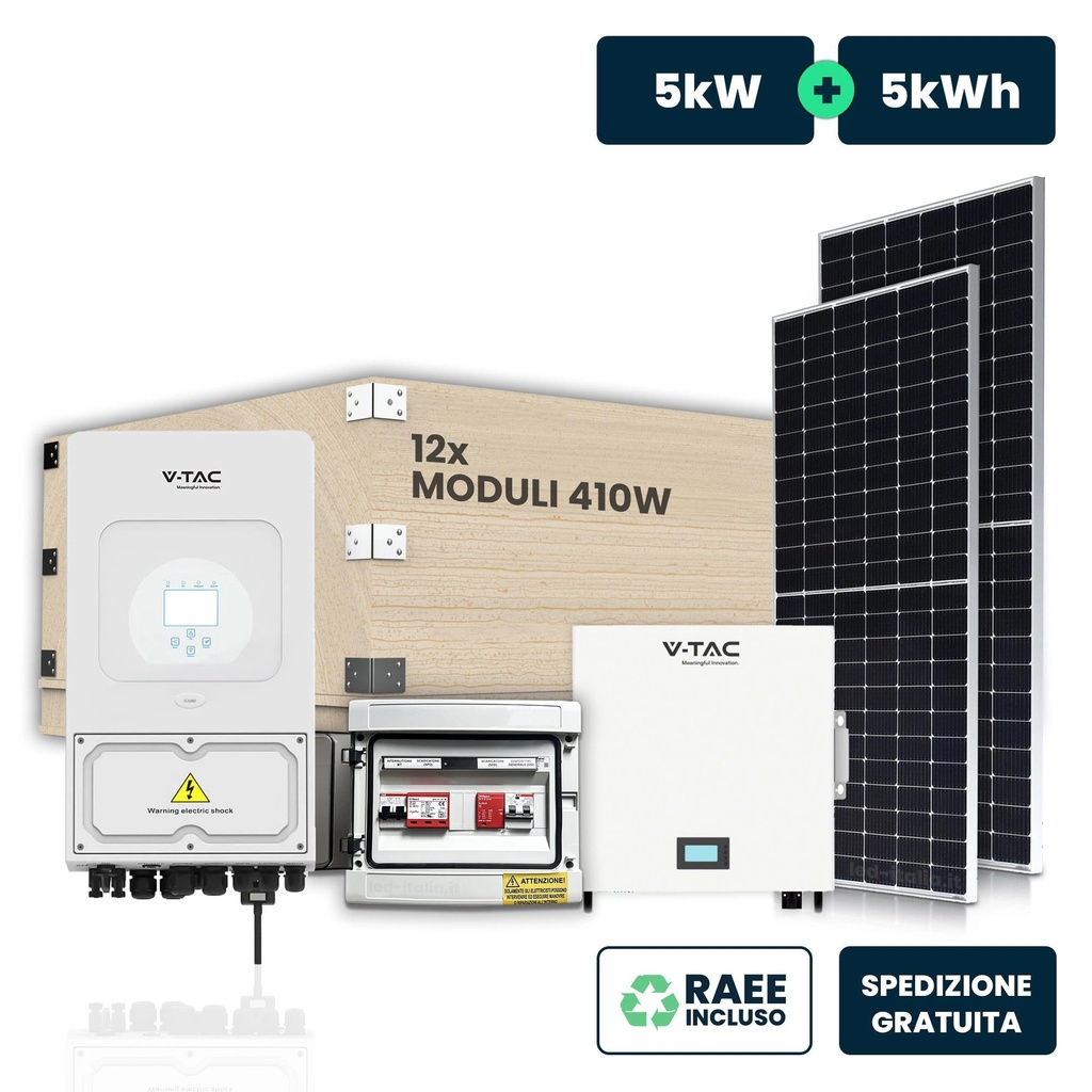 KIT Fotovoltaico Monofase 5kW con Inverter Ibrido, 12 Moduli 410W TIER-1 (4.9kW) Silver Frame con Accumulo LFP 5kWh e Quadro Combinato 1-1 AC-DC 5kW KFV-105A05M