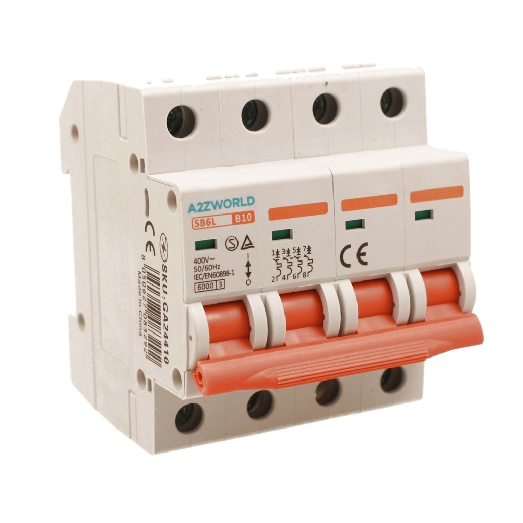 A2ZWORLD MCB Interruttore Magnetotermico Automatico Curva B 4P 4M 6000A AC 400V IP20 SB6L, Corrente Disponibili 10A 16A 20A 25A 32A 40A 50A 63A 