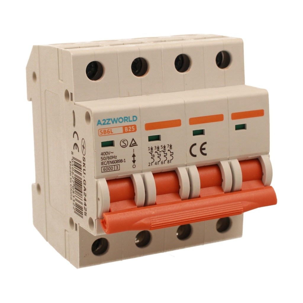 A2ZWORLD MCB Interruttore Magnetotermico Automatico Curva B 4P 4M 6000A B25A AC 400V IP20 IEC60898-1 SB6L