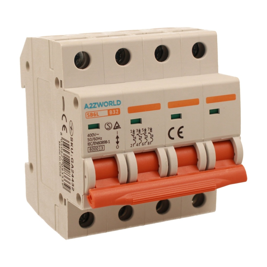 A2ZWORLD MCB Interruttore Magnetotermico Automatico Curva B 4P 4M 6000A B32A AC 400V IP20 IEC60898-1 SB6L