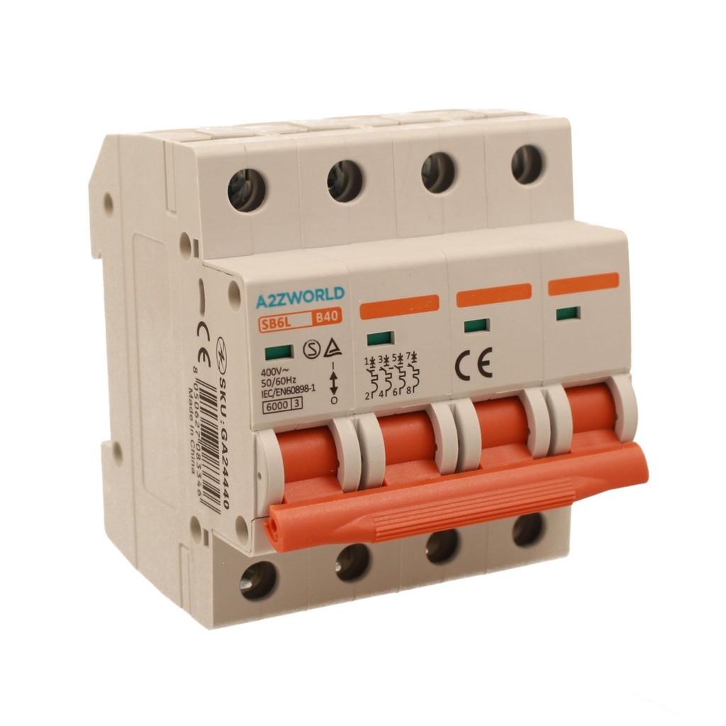 A2ZWORLD MCB Interruttore Magnetotermico Automatico Curva B 4P 4M 6000A B40A AC 400V IP20 IEC60898-1 SB6L