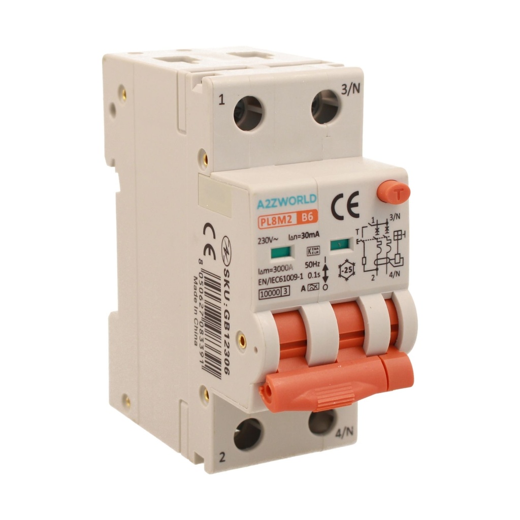 A2ZWORLD RCBO Interruttore Magnetotermico Differenziale Con Doppia Leva Tipo A Curva B 2P 2M 6000A 30mA, Diagnostica Visiva, B6A  AC 230V IP20 IEC61009-1 PL8M2