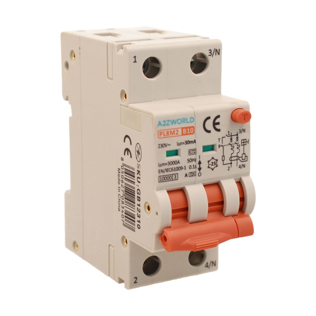 A2ZWORLD RCBO Interruttore Magnetotermico Differenziale Con Doppia Leva Tipo A Curva B 2P 2M 6000A 30mA, Diagnostica Visiva, B10A  AC 230V IP20 IEC61009-1 PL8M2