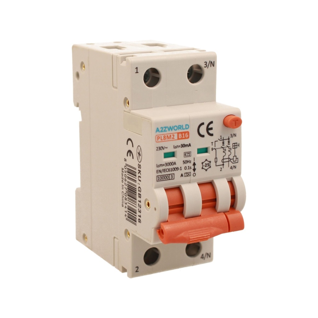 A2ZWORLD RCBO Interruttore Magnetotermico Differenziale Con Doppia Leva Tipo A Curva B 2P 2M 6000A 30mA, Diagnostica Visiva, B16A  AC 230V IP20 IEC61009-1 PL8M2