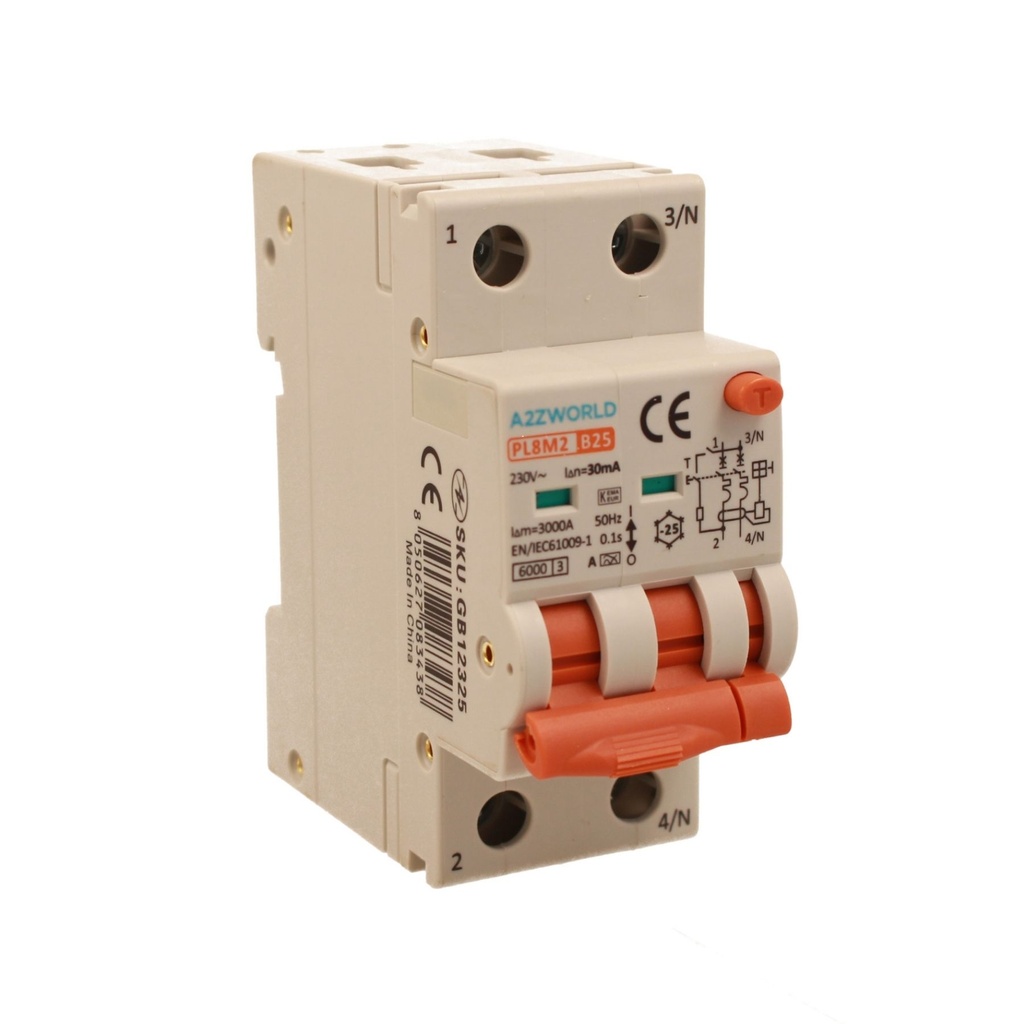 A2ZWORLD RCBO Interruttore Magnetotermico Differenziale Con Doppia Leva Tipo A Curva B 2P 2M 6000A 30mA, Diagnostica Visiva, B25A  AC 230V IP20 IEC61009-1 PL8M2