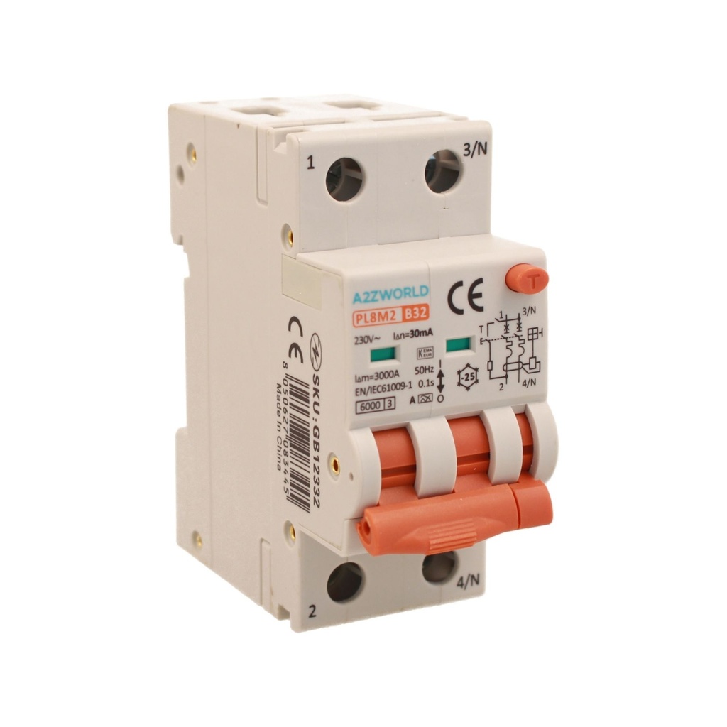 RCBO Interruttore Magnetotermico Differenziale Con Doppia Leva Tipo A Curva B 2P 2M 6000A 30mA, Diagnostica Visiva, B32A  AC 230V IP20 IEC61009-1 PL8M2