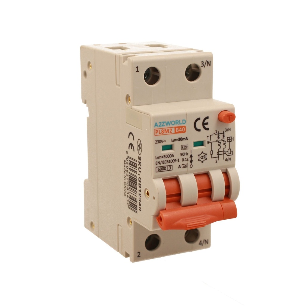 A2ZWORLD RCBO Interruttore Magnetotermico Differenziale Con Doppia Leva Tipo A Curva B 2P 2M 6000A 30mA, Diagnostica Visiva, B40A  AC 230V IP20 IEC61009-1 PL8M2