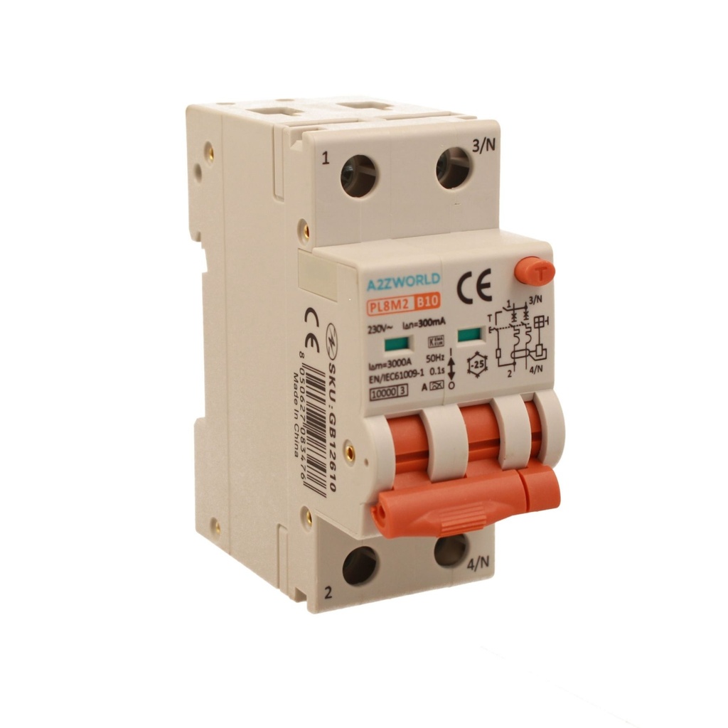 A2ZWORLD RCBO Interruttore Magnetotermico Differenziale Con Doppia Leva Tipo A Curva B 2P 2M 6000A 300mA, Diagnostica Visiva, B10A  AC 230V IP20 IEC61009-1 PL8M2