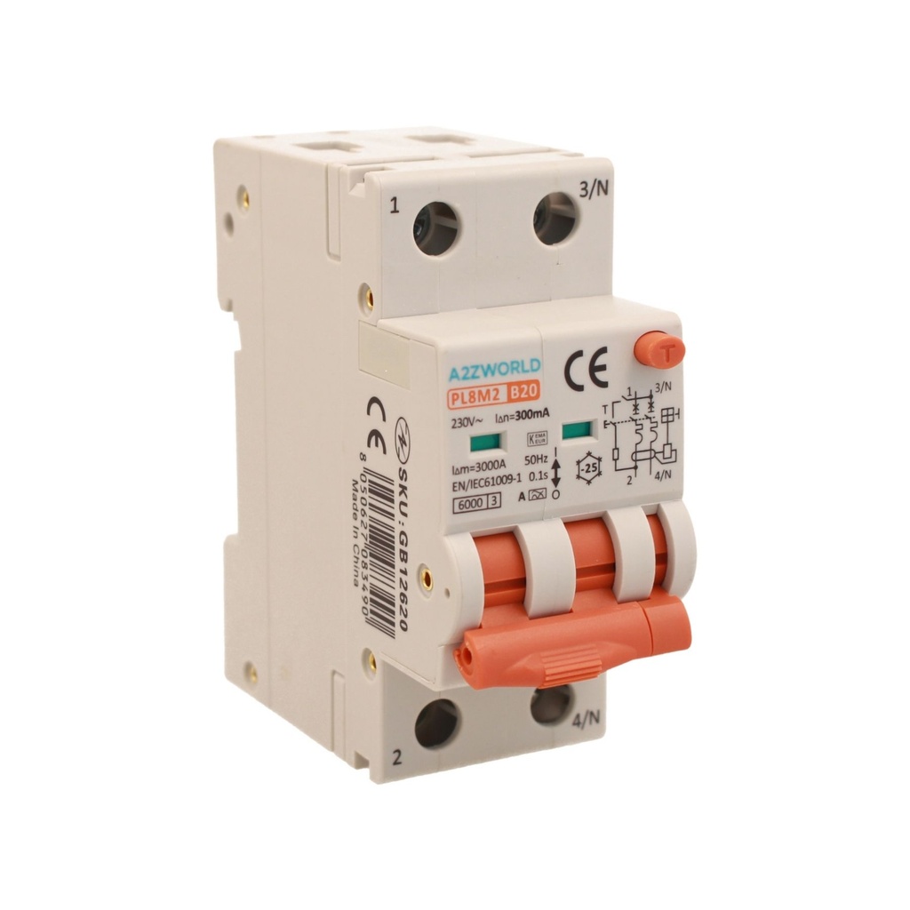 A2ZWORLD RCBO Interruttore Magnetotermico Differenziale Con Doppia Leva Tipo A Curva B 2P 2M 6000A 300mA, Diagnostica Visiva, B20A  AC 230V IP20 IEC61009-1 PL8M2