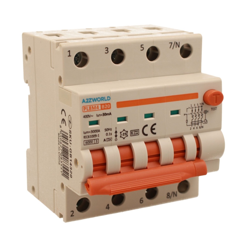 A2ZWORLD RCBO Interruttore Magnetotermico Differenziale Con Doppia Leva Tipo A Curva B 4P 4M 6000A 30mA, Diagnostica Visiva, B20A  AC 400V IP20 IEC61009-1 PL8M4 4P