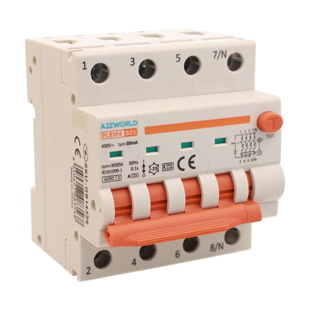A2ZWORLD RCBO Interruttore Magnetotermico Differenziale Con Doppia Leva Tipo A Curva B 4P 4M 6000A 30mA, Diagnostica Visiva, B25A  AC 400V IP20 IEC61009-1 PL8M4 4P