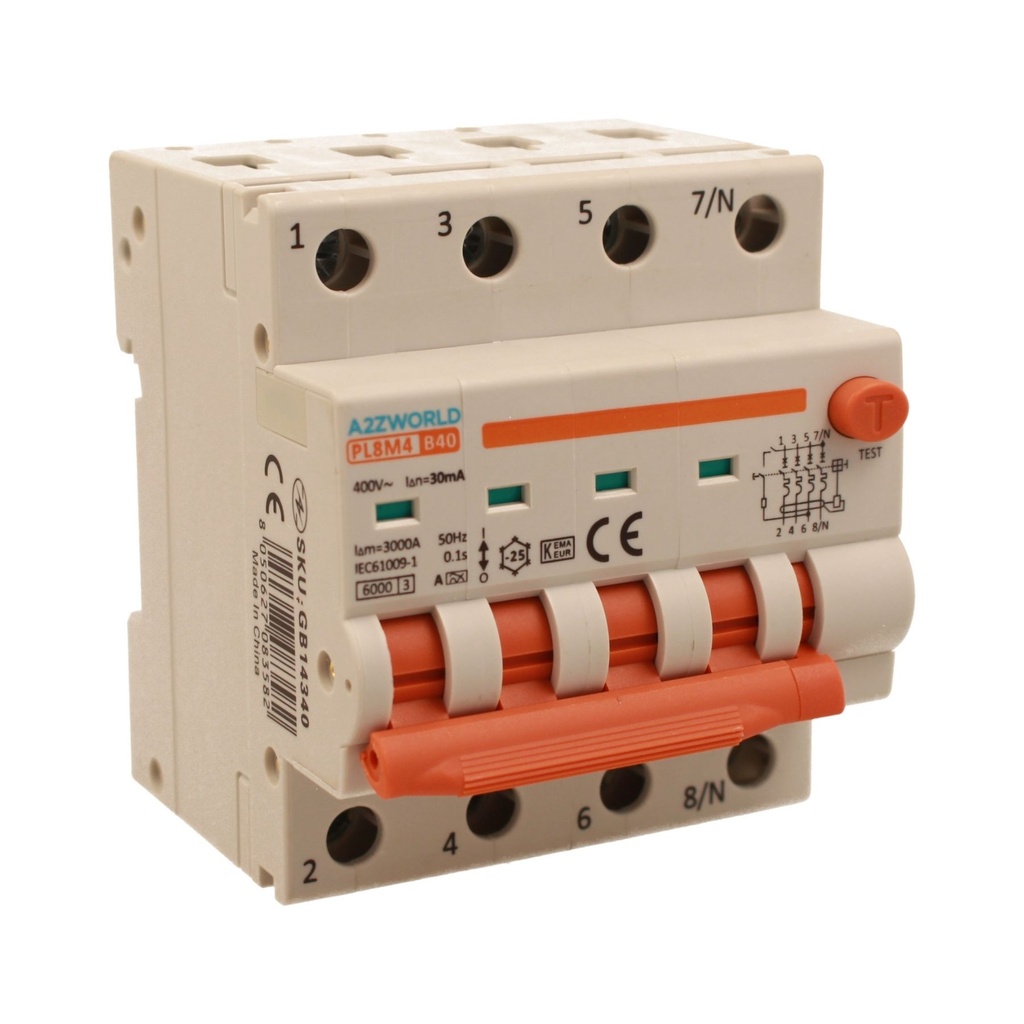 A2ZWORLD RCBO Interruttore Magnetotermico Differenziale Con Doppia Leva Tipo A Curva B 4P 4M 6000A 30mA, Diagnostica Visiva, B40A  AC 400V IP20 IEC61009-1 PL8M4 4P