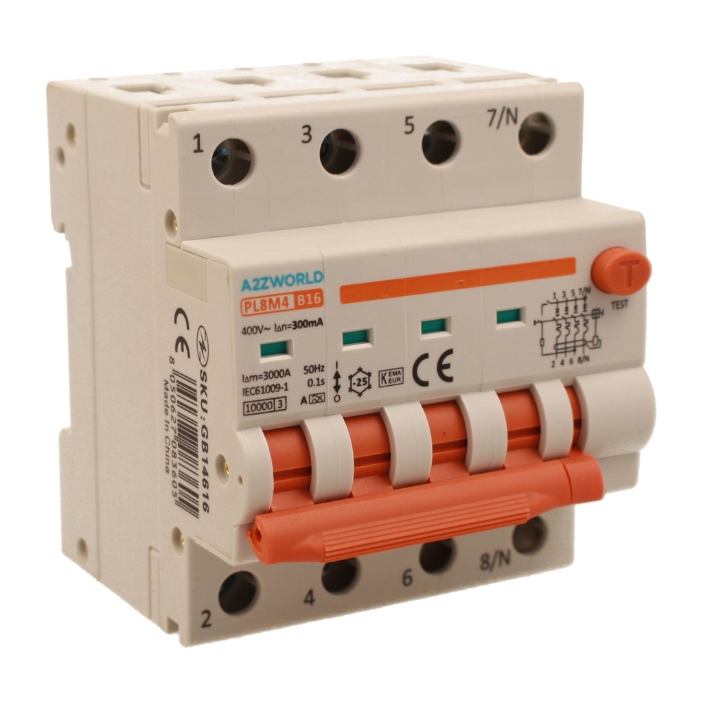 A2ZWORLD RCBO Interruttore Magnetotermico Differenziale Con Doppia Leva Tipo A Curva B 4P 4M 6000A 300mA, Diagnostica Visiva, B16A  AC 400V IP20 IEC61009-1 PL8M4 4P