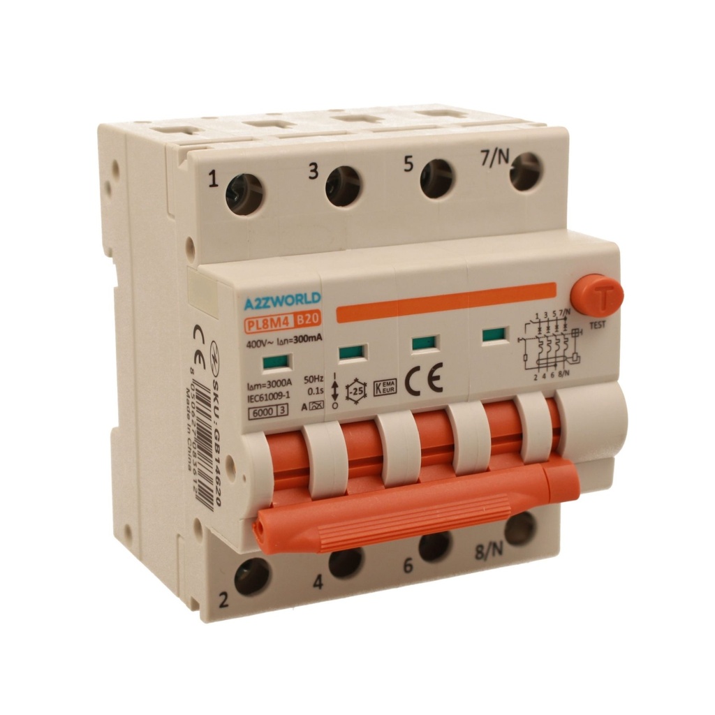 A2ZWORLD RCBO Interruttore Magnetotermico Differenziale Con Doppia Leva Tipo A Curva B 4P 4M 6000A 300mA, Diagnostica Visiva, B20A  AC 400V IP20 IEC61009-1 PL8M4 4P