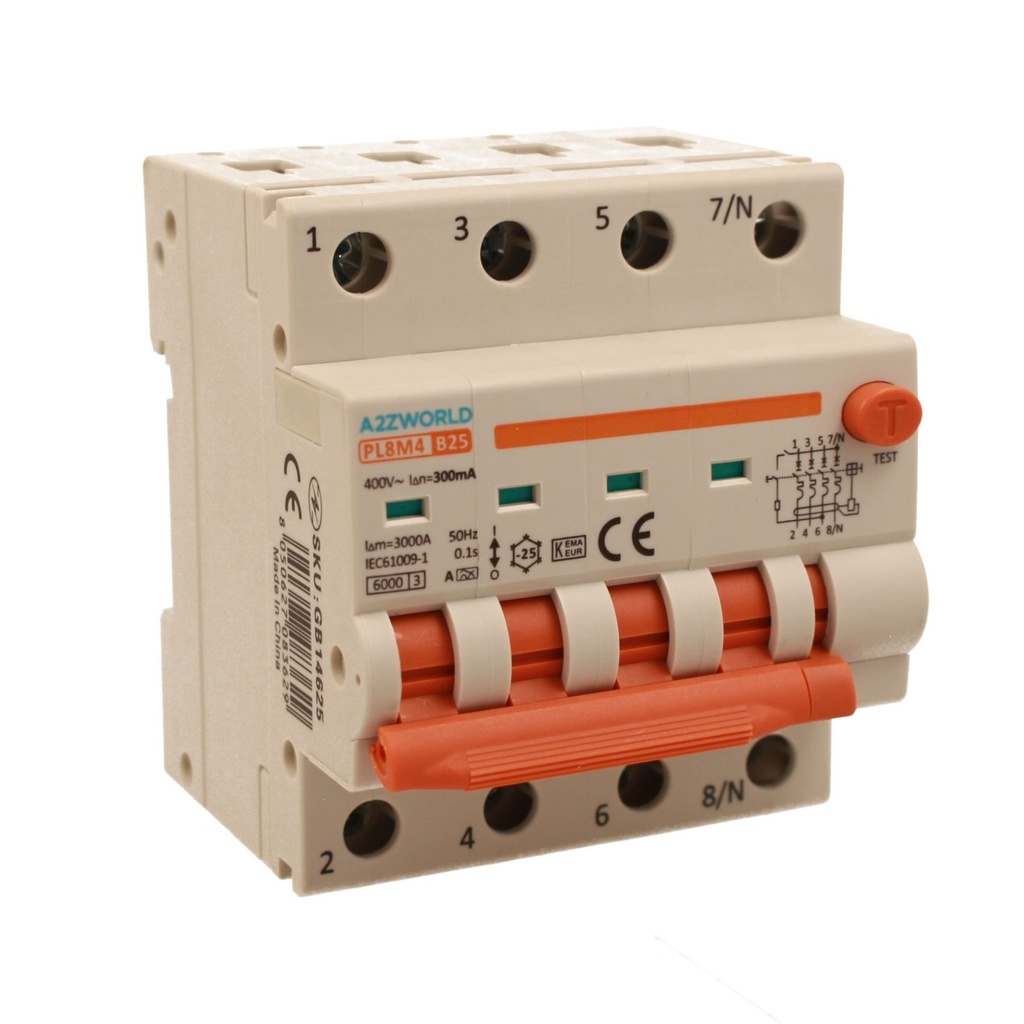 A2ZWORLD RCBO Interruttore Magnetotermico Differenziale Con Doppia Leva Tipo A Curva B 4P 4M 6000A 300mA, Diagnostica Visiva, B25A  AC 400V IP20 IEC61009-1 PL8M4 4P