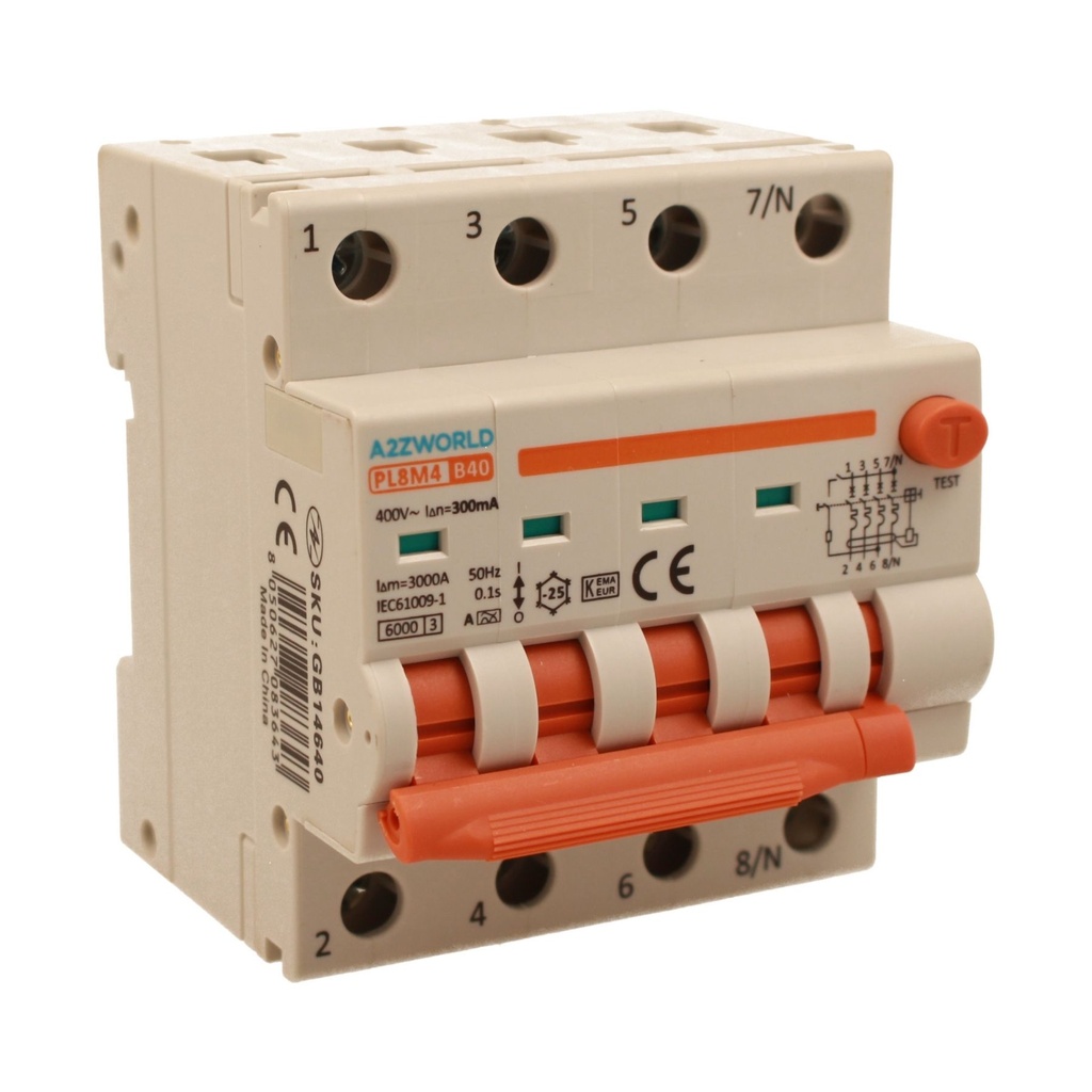 A2ZWORLD RCBO Interruttore Magnetotermico Differenziale Con Doppia Leva Tipo A Curva B 4P 4M 6000A 300mA, Diagnostica Visiva, B40A  AC 400V IP20 IEC61009-1 PL8M4 4P