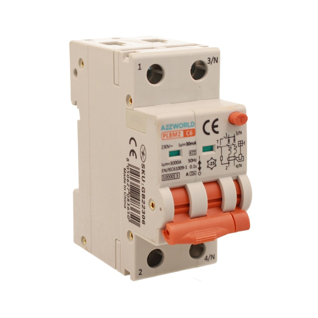 A2ZWORLD RCBO Interruttore Magnetotermico Differenziale Con Doppia Leva Tipo A Curva C 2P 2M 6000A 30mA, Diagnostica Visiva, C6A  AC 230V IP20 IEC61009-1 PL8M2 GB65306