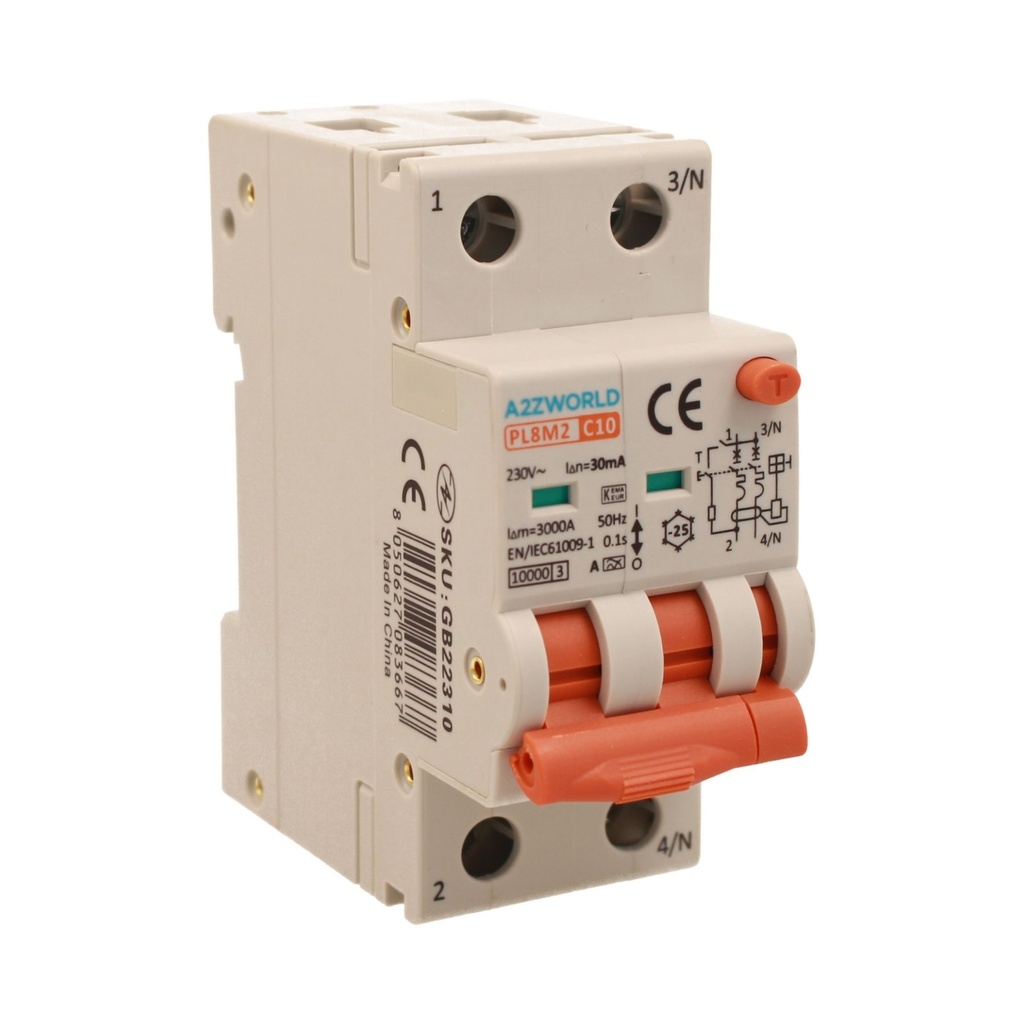 A2ZWORLD RCBO Interruttore Magnetotermico Differenziale Con Doppia Leva Tipo A Curva C 2P 2M 6000A 30mA, Diagnostica Visiva, C10A  AC 230V IP20 IEC61009-1 PL8M2 GB65310