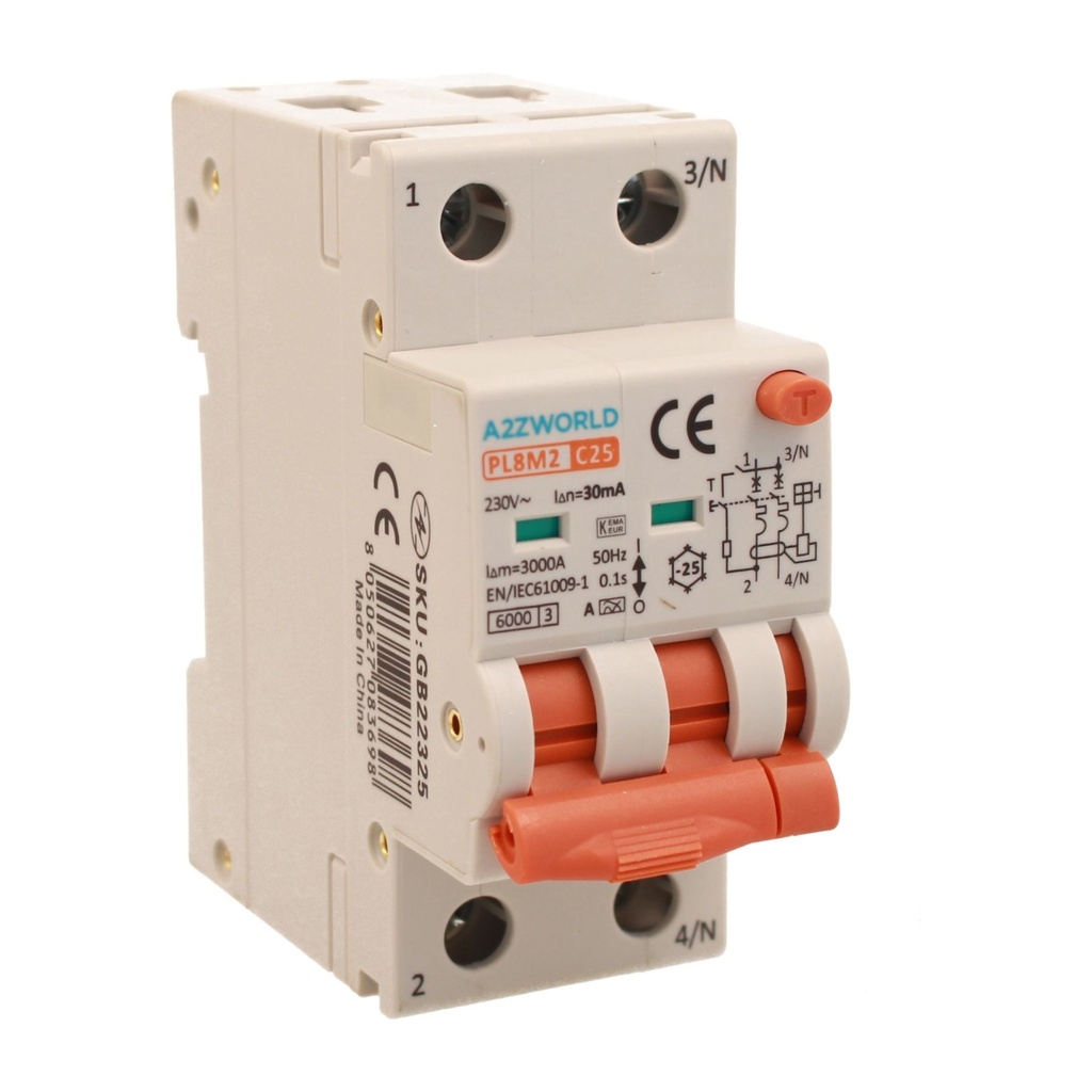 A2ZWORLD RCBO Interruttore Magnetotermico Differenziale Con Doppia Leva Tipo A Curva C 2P 2M 6000A 30mA, Diagnostica Visiva, C25A  AC 230V IP20 IEC61009-1 PL8M2 GB65325