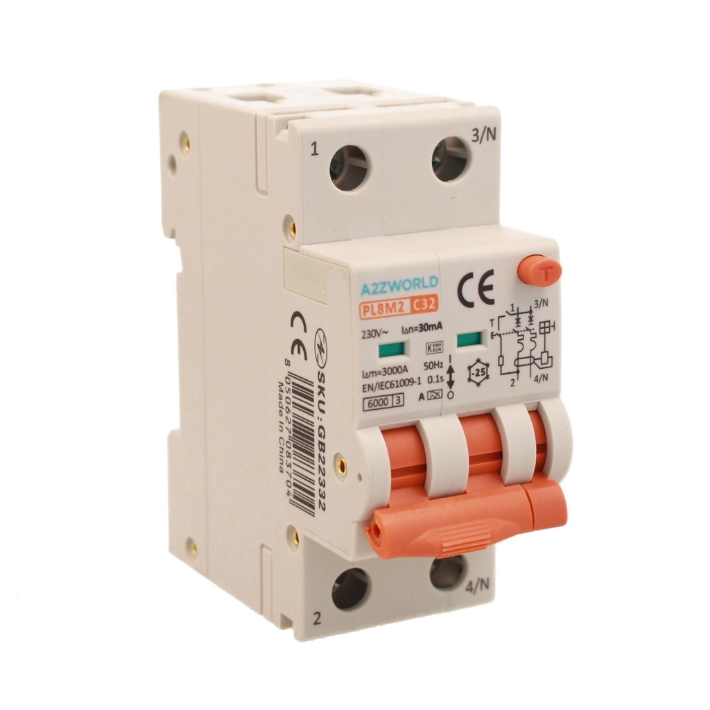 A2ZWORLD RCBO Interruttore Magnetotermico Differenziale Con Doppia Leva Tipo A Curva C 2P 2M 6000A 30mA, Diagnostica Visiva, C32A  AC 230V IP20 IEC61009-1 PL8M2 GB65332
