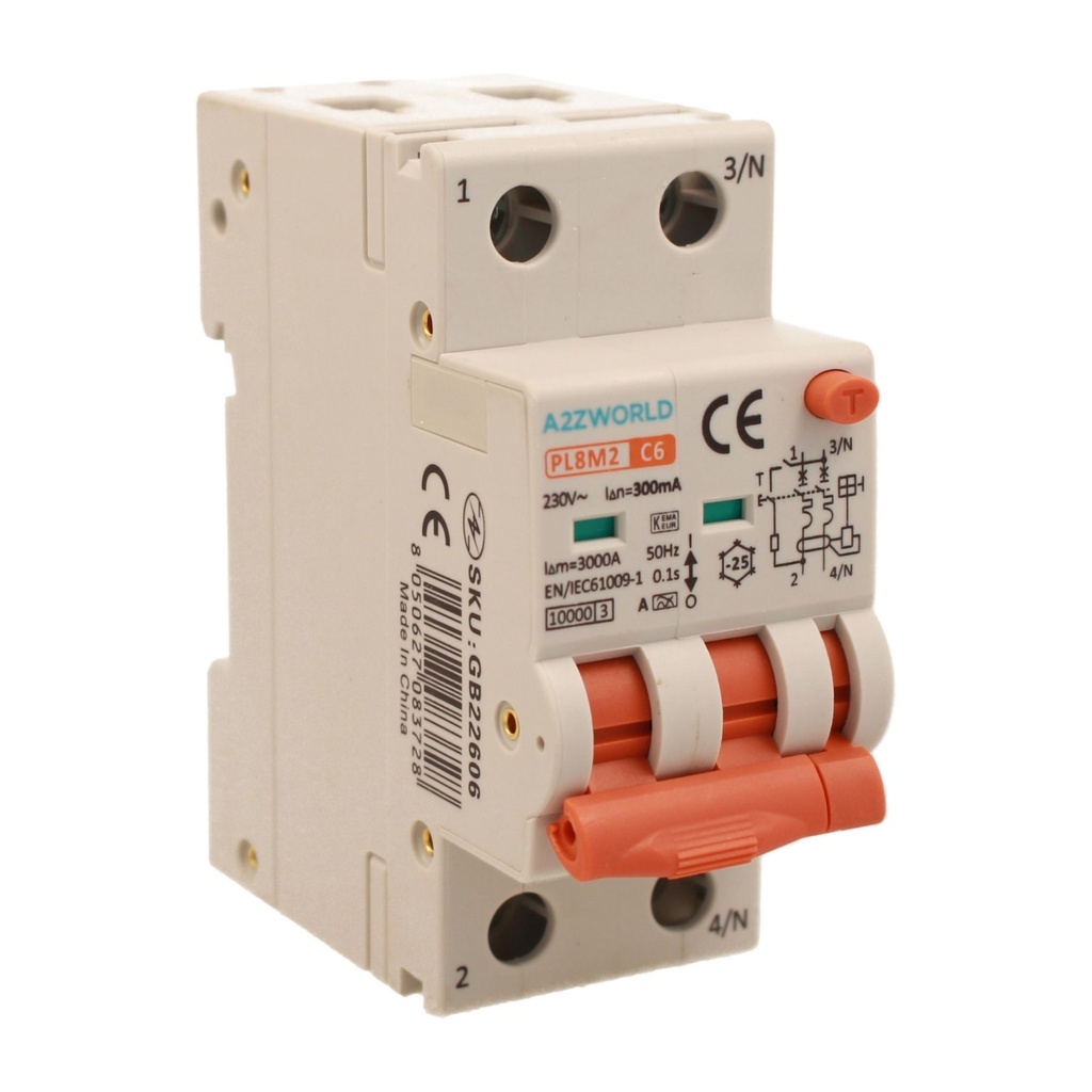 A2ZWORLD RCBO Interruttore Magnetotermico Differenziale Con Doppia Leva Tipo A Curva C 2P 2M 6000A 300mA, Diagnostica Visiva, C6A  AC 230V IP20 IEC61009-1 PL8M2 GB65606