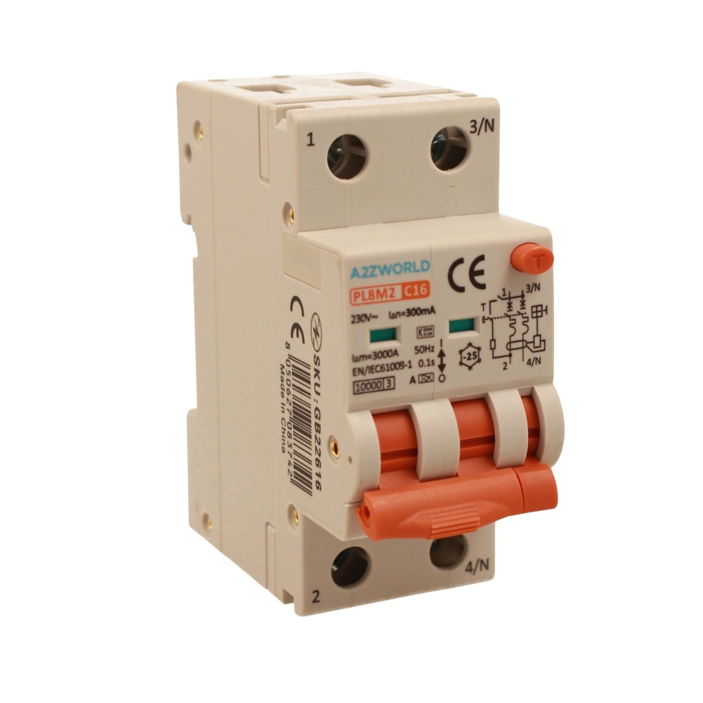 A2ZWORLD RCBO Interruttore Magnetotermico Differenziale Con Doppia Leva Tipo A Curva C 2P 2M 6000A 300mA, Diagnostica Visiva, C16A  AC 230V IP20 IEC61009-1 PL8M2 GB65616