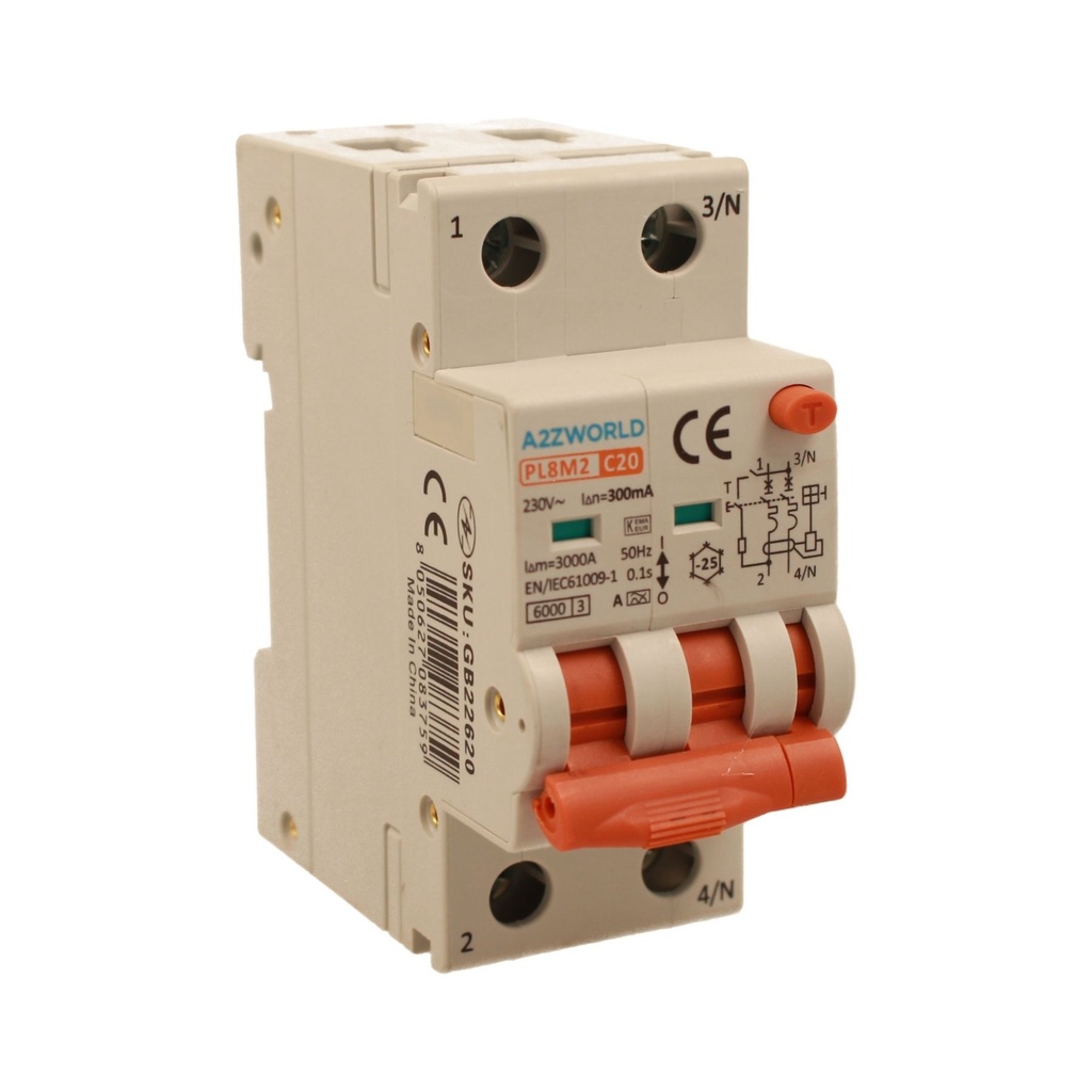 A2ZWORLD RCBO Interruttore Magnetotermico Differenziale Con Doppia Leva Tipo A Curva C 2P 2M 6000A 300mA, Diagnostica Visiva, C20A  AC 230V IP20 IEC61009-1 PL8M2 GB65620
