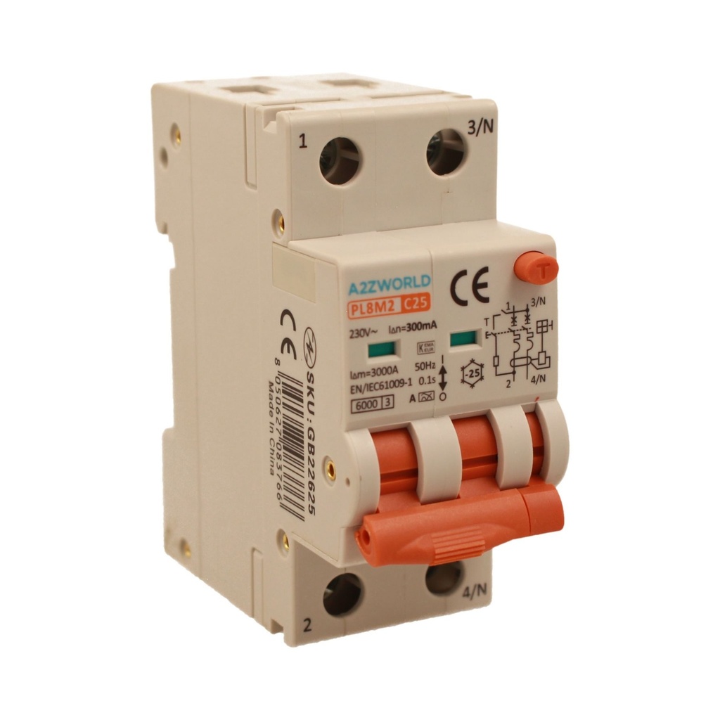 A2ZWORLD RCBO Interruttore Magnetotermico Differenziale Con Doppia Leva Tipo A Curva C 2P 2M 6000A 300mA, Diagnostica Visiva, C25A  AC 230V IP20 IEC61009-1 PL8M2 GB65625