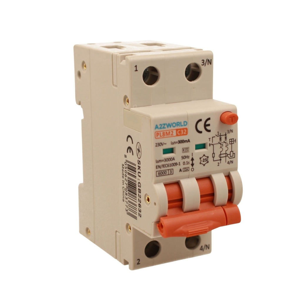 A2ZWORLD RCBO Interruttore Magnetotermico Differenziale Con Doppia Leva Tipo A Curva C 2P 2M 6000A 300mA, Diagnostica Visiva, C32A  AC 230V IP20 IEC61009-1 PL8M2 GB65632