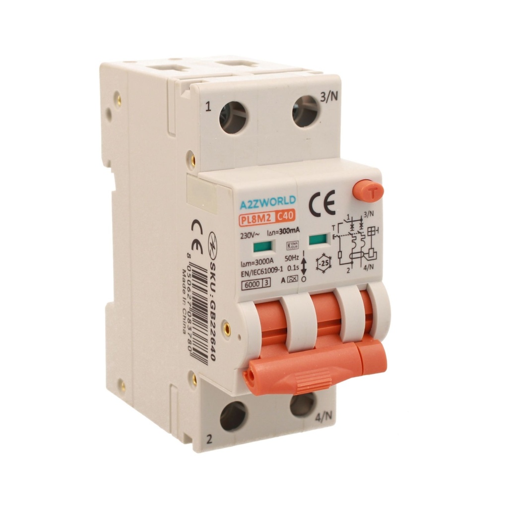 A2ZWORLD RCBO Interruttore Magnetotermico Differenziale Con Doppia Leva Tipo A Curva C 2P 2M 6000A 300mA, Diagnostica Visiva, C40A  AC 230V IP20 IEC61009-1 PL8M2 GB65640