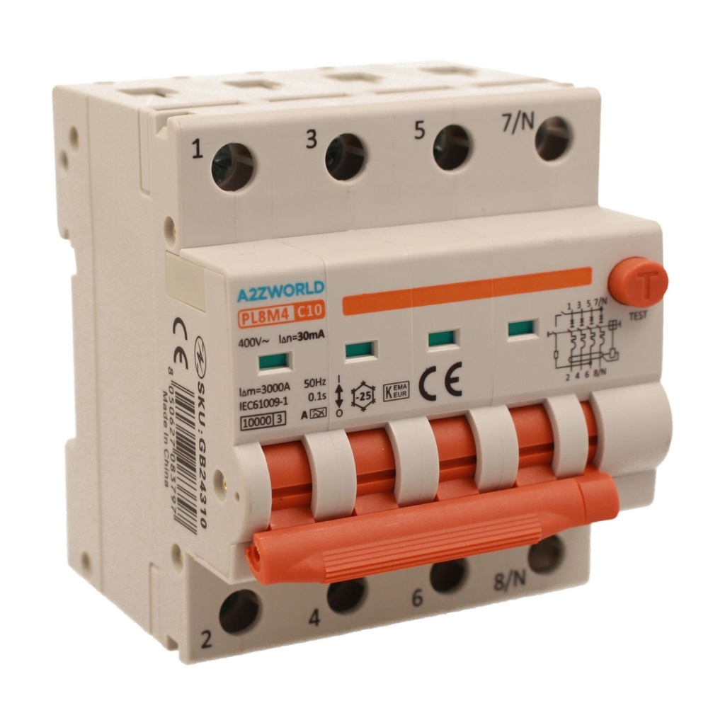 A2ZWORLD RCBO Interruttore Magnetotermico Differenziale Con Doppia Leva Tipo A Curva C 4P 4M 6000A 30mA, Diagnostica Visiva, C10A  AC 400V IP20 IEC61009-1 PL8M4 4P GB66310