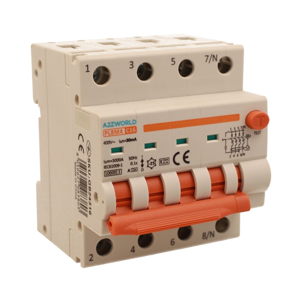 A2ZWORLD RCBO Interruttore Magnetotermico Differenziale Con Doppia Leva Tipo A Curva C 4P 4M 6000A 30mA, Diagnostica Visiva, C16A  AC 400V IP20 IEC61009-1 PL8M4 4P GB66316