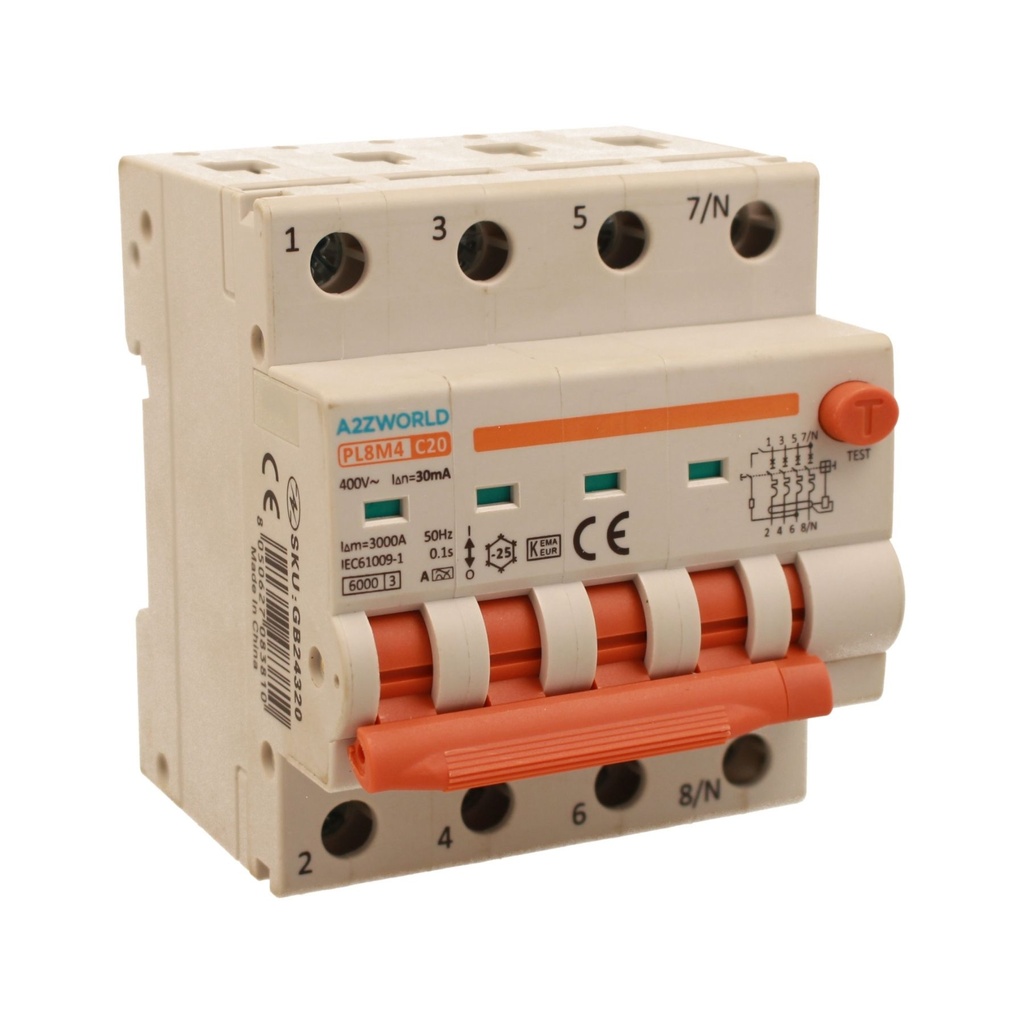 A2ZWORLD RCBO Interruttore Magnetotermico Differenziale Con Doppia Leva Tipo A Curva C 4P 4M 6000A 30mA, Diagnostica Visiva, C20A  AC 400V IP20 IEC61009-1 PL8M4 4P GB66320