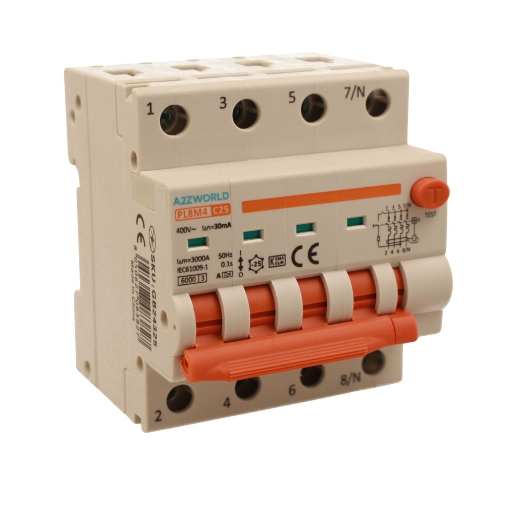 A2ZWORLD RCBO Interruttore Magnetotermico Differenziale Con Doppia Leva Tipo A Curva C 4P 4M 6000A 30mA, Diagnostica Visiva, C25A  AC 400V IP20 IEC61009-1 PL8M4 4P GB66325