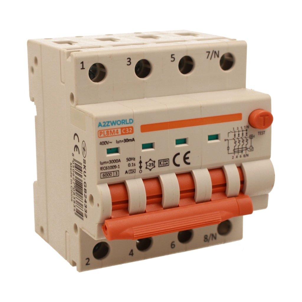 RCBO Interruttore Magnetotermico Differenziale Con Doppia Leva Tipo A Curva C 4P 4M 6000A 30mA, Diagnostica Visiva, C32A  AC 400V IP20 IEC61009-1 PL8M4 4P GB66332