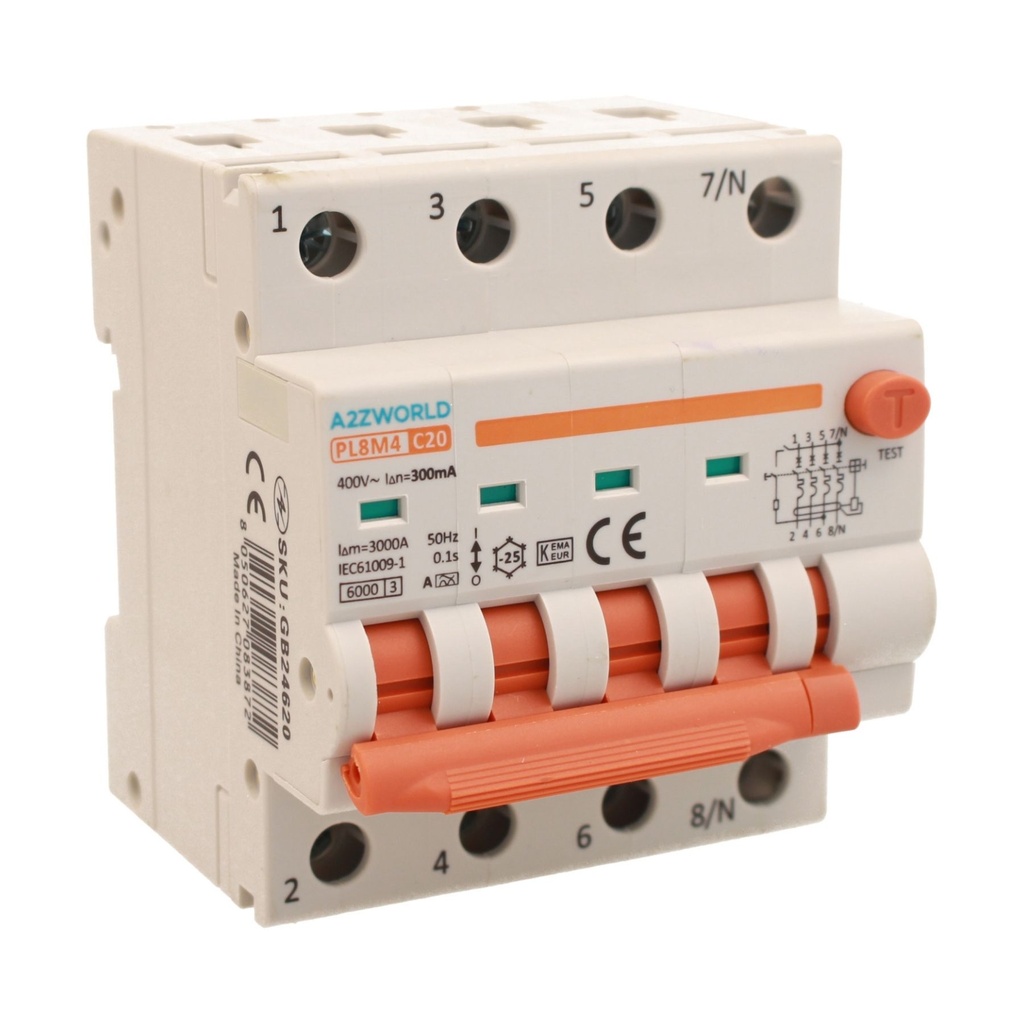 A2ZWORLD RCBO Interruttore Magnetotermico Differenziale Con Doppia Leva Tipo A Curva C 4P 4M 6000A 300mA, Diagnostica Visiva, C20A  AC 400V IP20 IEC61009-1 PL8M4 4P GB66620