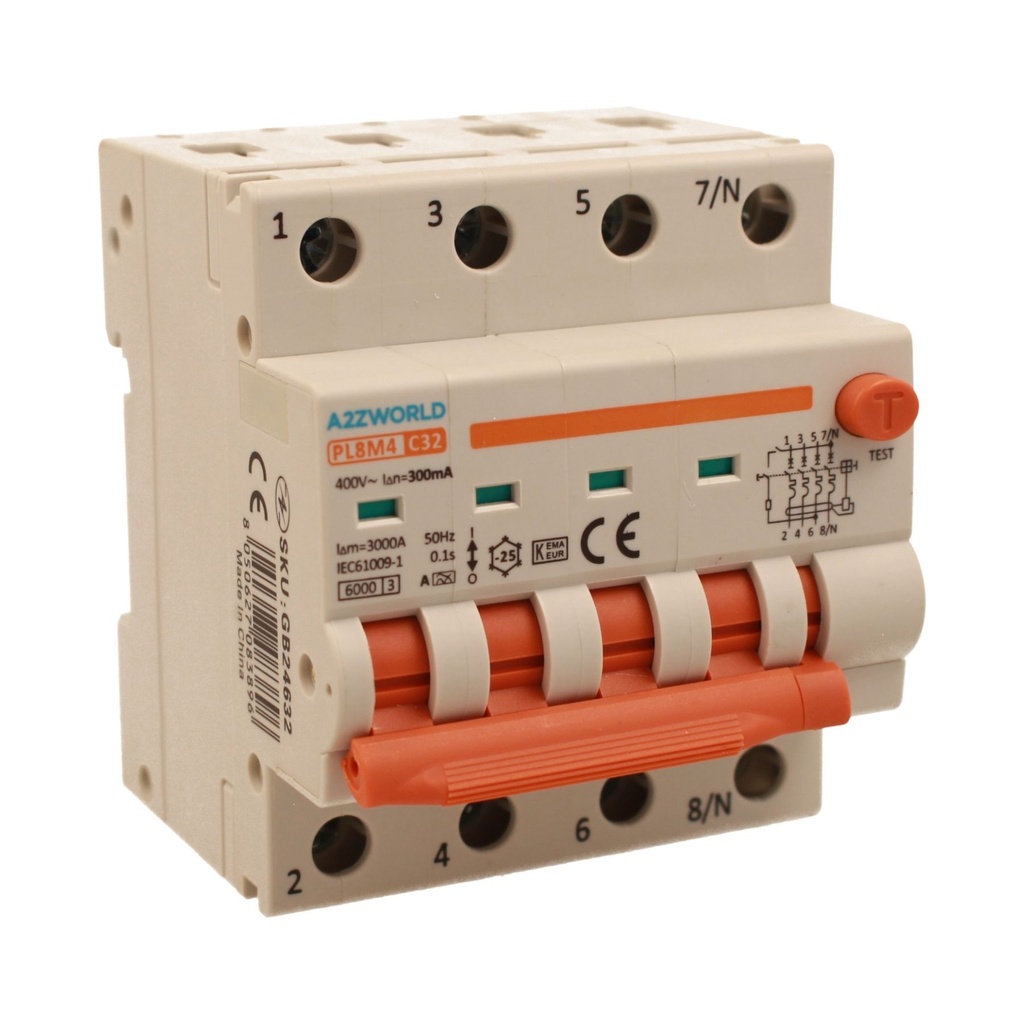 A2ZWORLD RCBO Interruttore Magnetotermico Differenziale Con Doppia Leva Tipo A Curva C 4P 4M 6000A 300mA, Diagnostica Visiva, C32A  AC 400V IP20 IEC61009-1 PL8M4 4P GB66632
