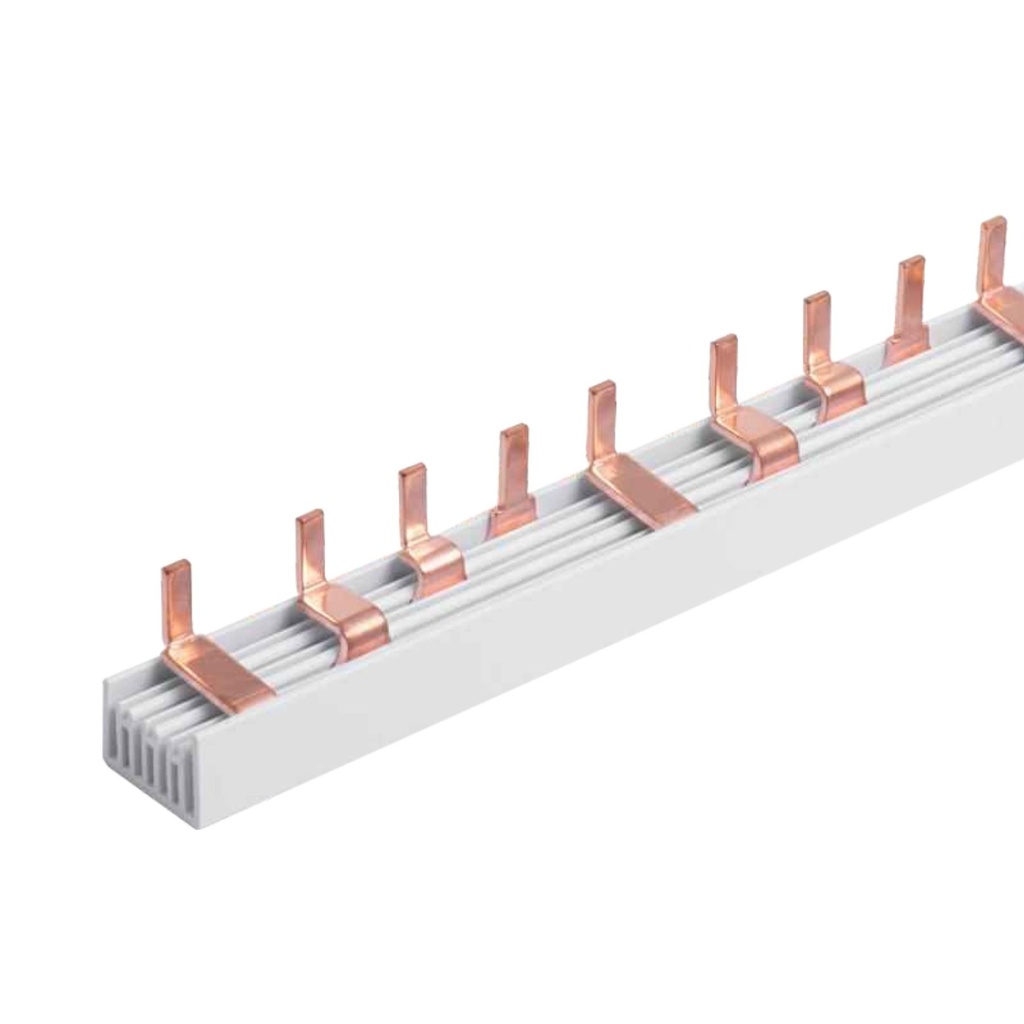 Pettine di Distribuzione Busbar Modulari, 4P, 12 PIN, Sezione PIN 10mm², Distanza tra PIN 17,8mm, Larghezza PIN 4mm, Altezza PIN 11,5mm, Lunghezza Totale 210mm, 63A IP20