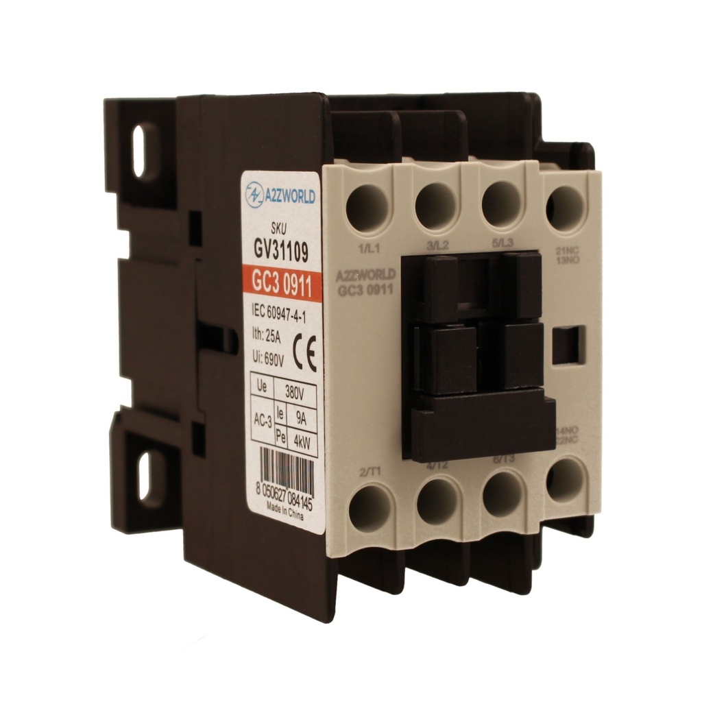 Contattore Motore 3P 3M, Teleruttore Trifase Industriale AC 380V 3NO, 9A 4KW, Bobina 220V AC, Contatto Ausiliare 1NO+1NC, IP20 IEC60947-4-1