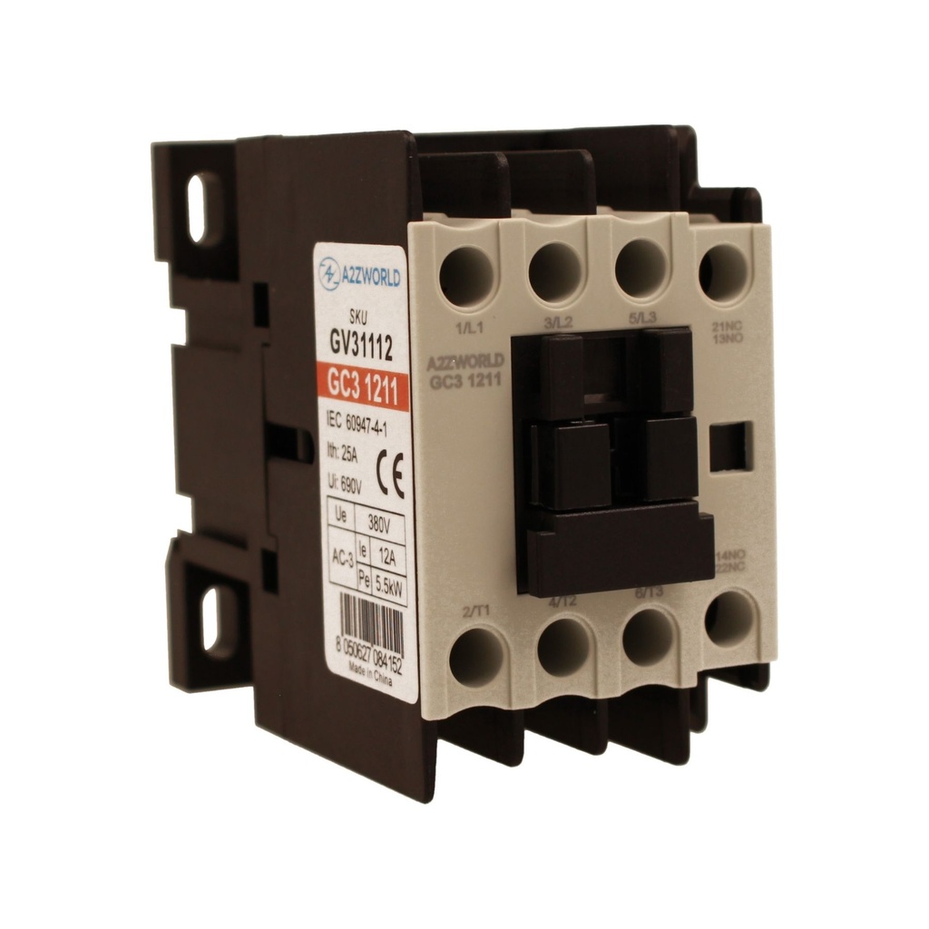 Contattore Motore 3P 3M, Teleruttore Trifase Industriale AC 380V 3NO, 12A 5.5KW, Bobina 220V AC, Contatto Ausiliare 1NO+1NC, IP20 IEC60947-4-1