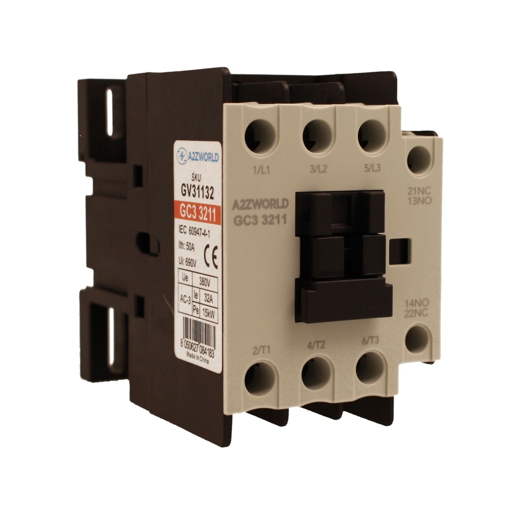 Contattore Motore 3P 3M, Teleruttore Trifase Industriale AC 380V 3NO, 32A 15KW, Bobina 220V AC, Contatto Ausiliare 1NO+1NC, IP20 IEC60947-4-1