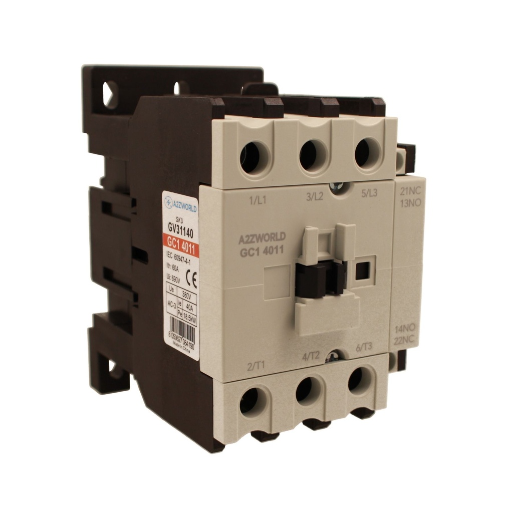 Contattore Motore 3P 4M, Teleruttore Trifase Industriale AC 380V 3NO, 40A 18.5KW, Bobina 220V AC, Contatto Ausiliare 1NO+1NC, IP20 IEC60947-4-1