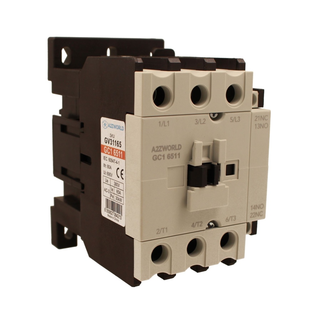 Contattore Motore 3P 4M, Teleruttore Trifase Industriale AC 380V 3NO, 65A 30KW, Bobina 220V AC, Contatto Ausiliare 1NO+1NC, IP20 IEC60947-4-1