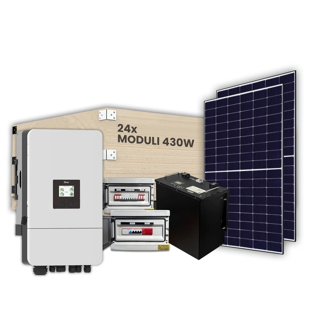 KIT Fotovoltaico Trifase 10kW con Inverter Ibrido, 24 Moduli 400W TIER-1 (9.6kW) Full Black con Accumulo LFP 10kWh e Quadri DC 2/2 e AC 1/1 10kW